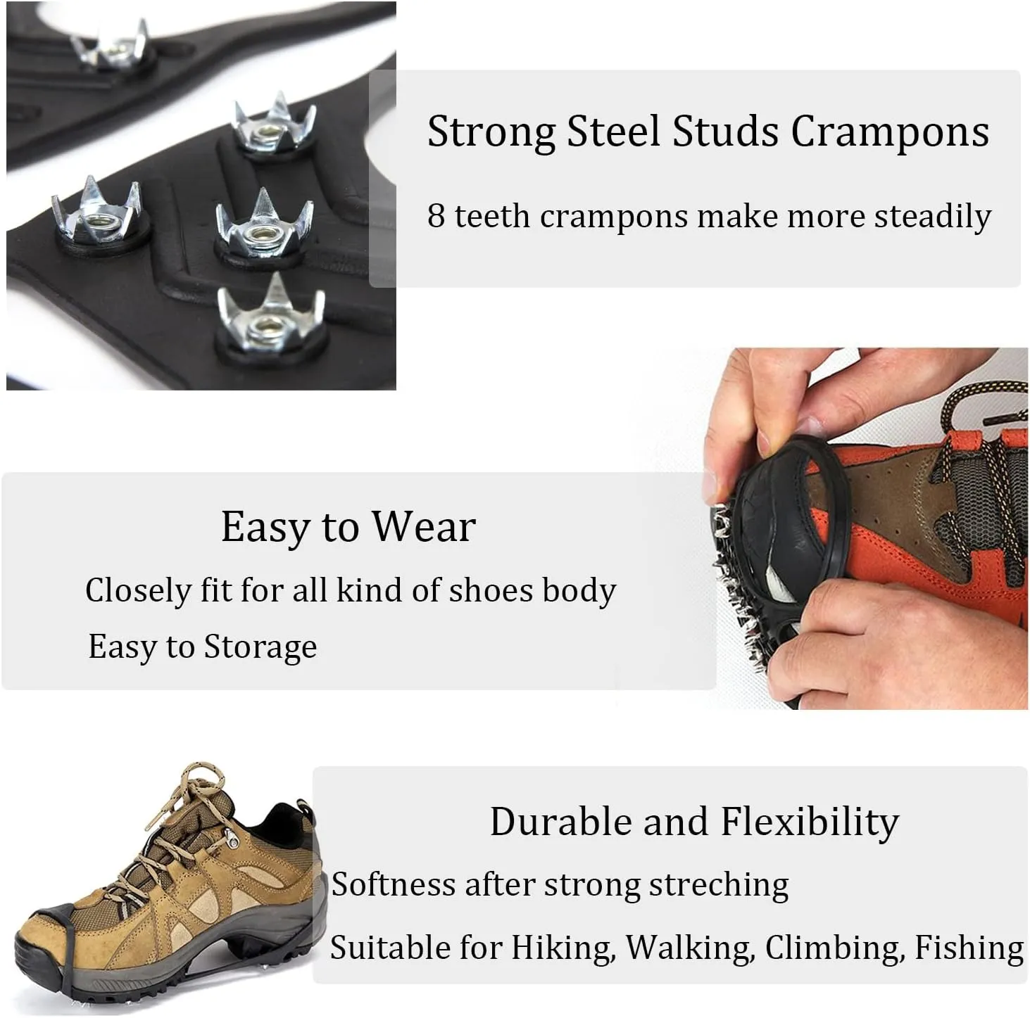 2 Pair Universal Non Slip Ice Gripper Spikes,8 Steel Ice Grips Snow Grippers,Durable Ice Traction Cleats for Shoes & Boot