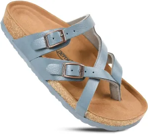 AEROTHOTIC Womens Strappy Slip-On Modern Memory Foam Cushion Footbed Outdoor Adjustable Buckle Cork Footbed Slides for Sandals with Comfortable Arch Support