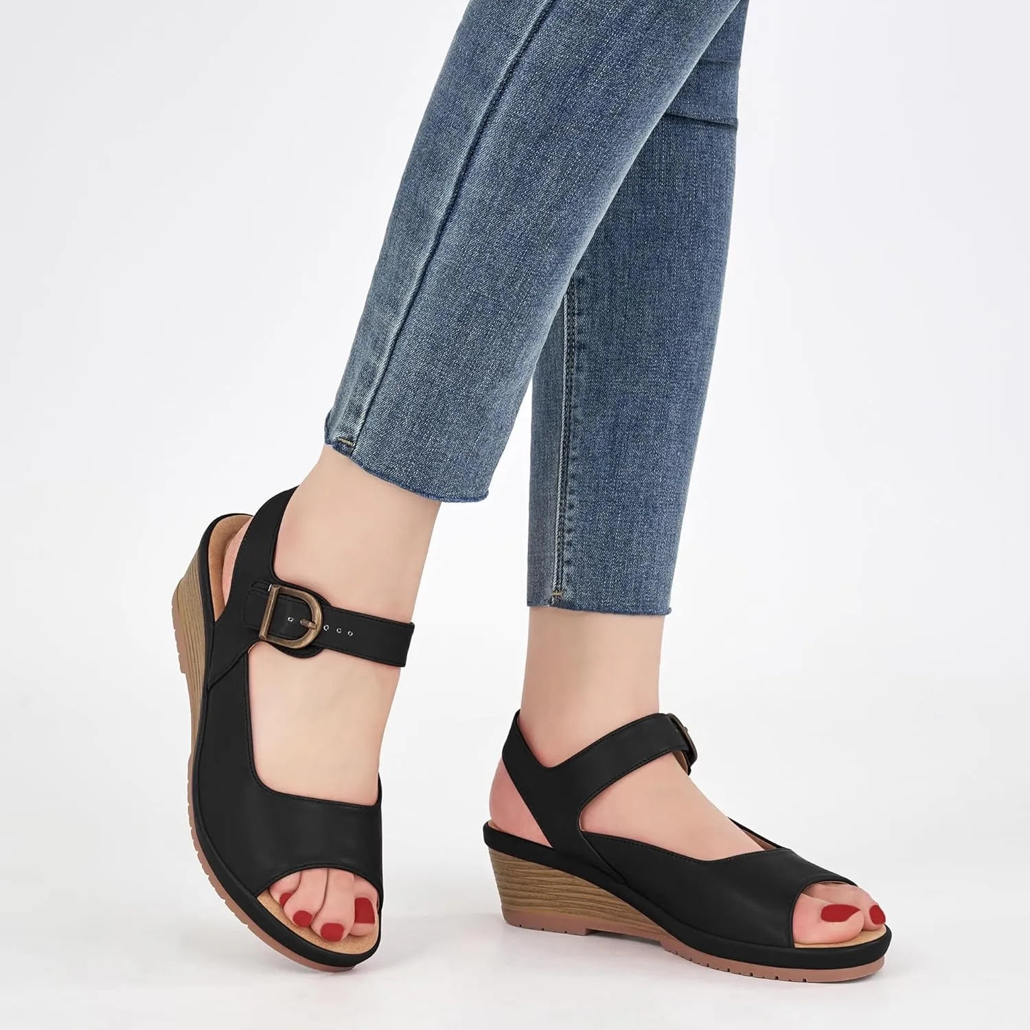 Alicegana Womens Wedge Sandals Comfortable Low Heel Dressy Summer Platform Shoes Ankle Strap Casual Non Slip Wedges