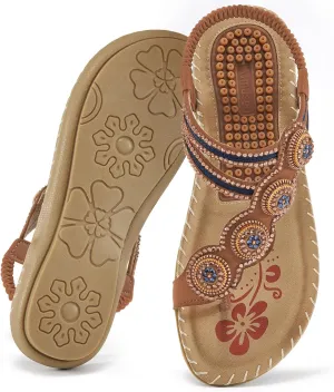 Almusen Sandals for Women Dressy Flat: Comfortable Toe Ring Bohemian Beaded Summer Shoes Orthopedic Elastic Ankle Strap Beach sandal