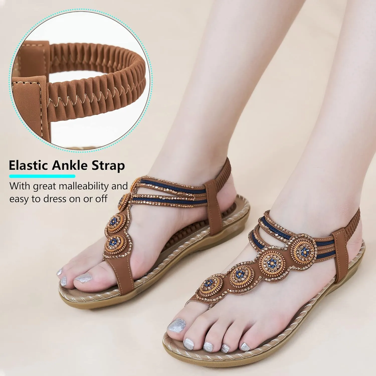 Almusen Sandals for Women Dressy Flat: Comfortable Toe Ring Bohemian Beaded Summer Shoes Orthopedic Elastic Ankle Strap Beach sandal