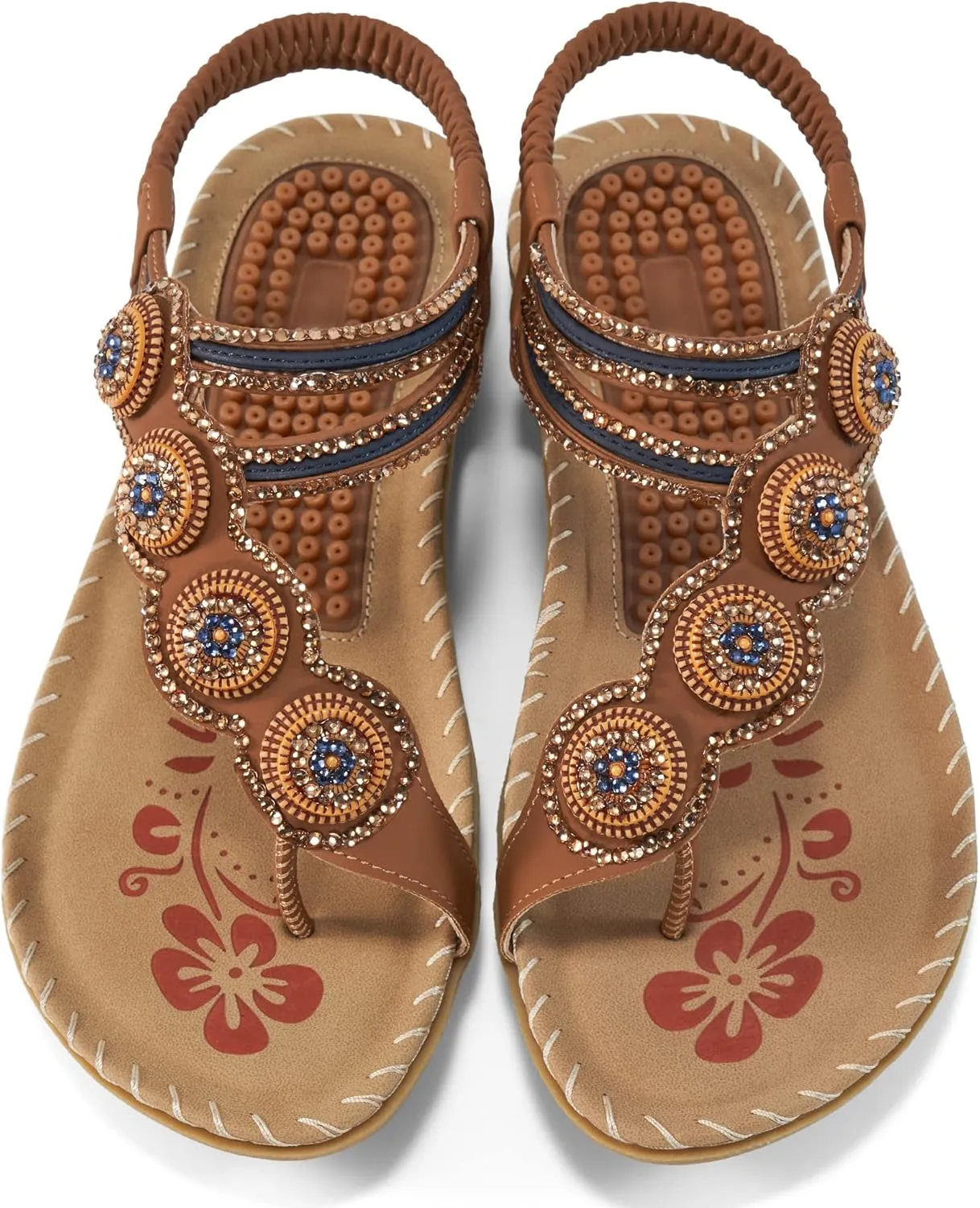 Almusen Sandals for Women Dressy Flat: Comfortable Toe Ring Bohemian Beaded Summer Shoes Orthopedic Elastic Ankle Strap Beach sandal