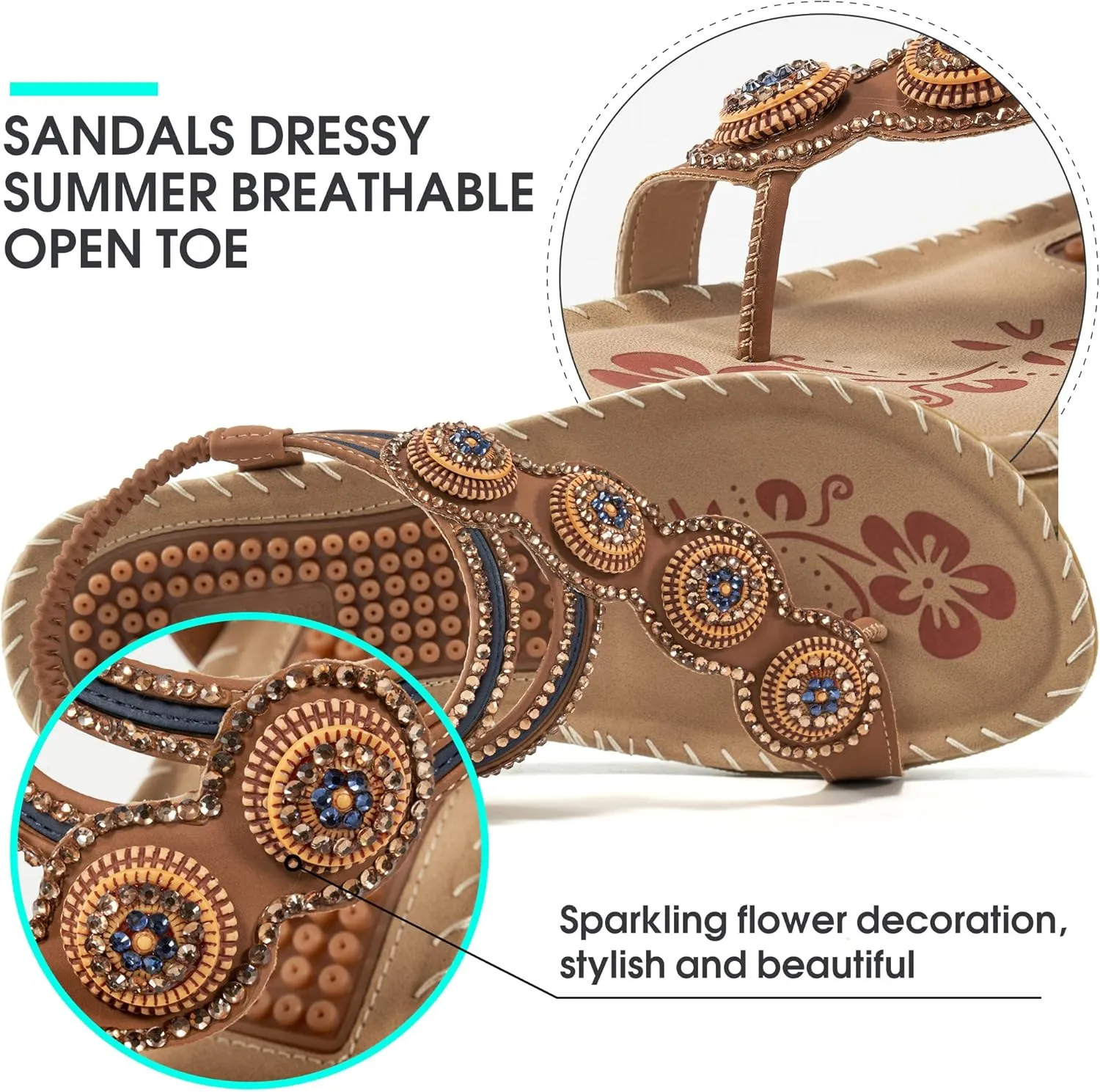 Almusen Sandals for Women Dressy Flat: Comfortable Toe Ring Bohemian Beaded Summer Shoes Orthopedic Elastic Ankle Strap Beach sandal