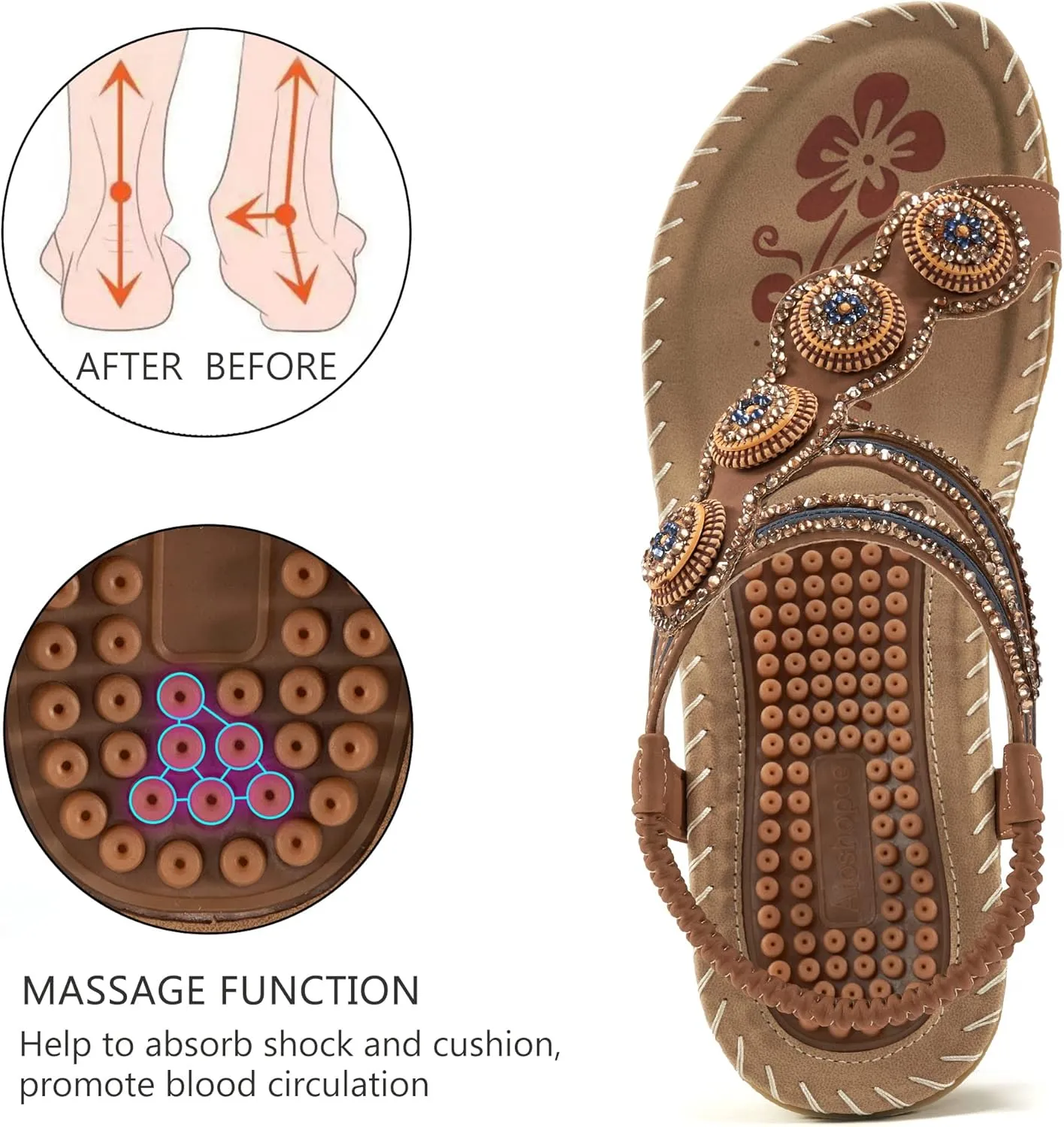 Almusen Sandals for Women Dressy Flat: Comfortable Toe Ring Bohemian Beaded Summer Shoes Orthopedic Elastic Ankle Strap Beach sandal