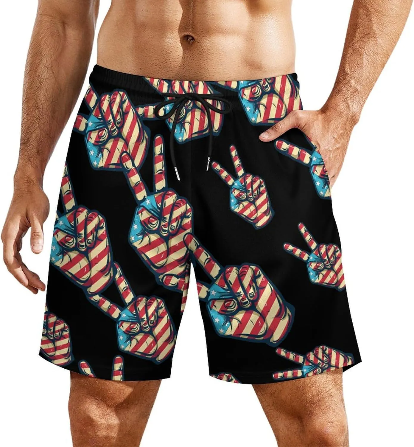 American Flag Peace Sign Hand Men's Swim Trunks Quick Dry Board Shorts Swimwear Beach Shorts with Compression Liner