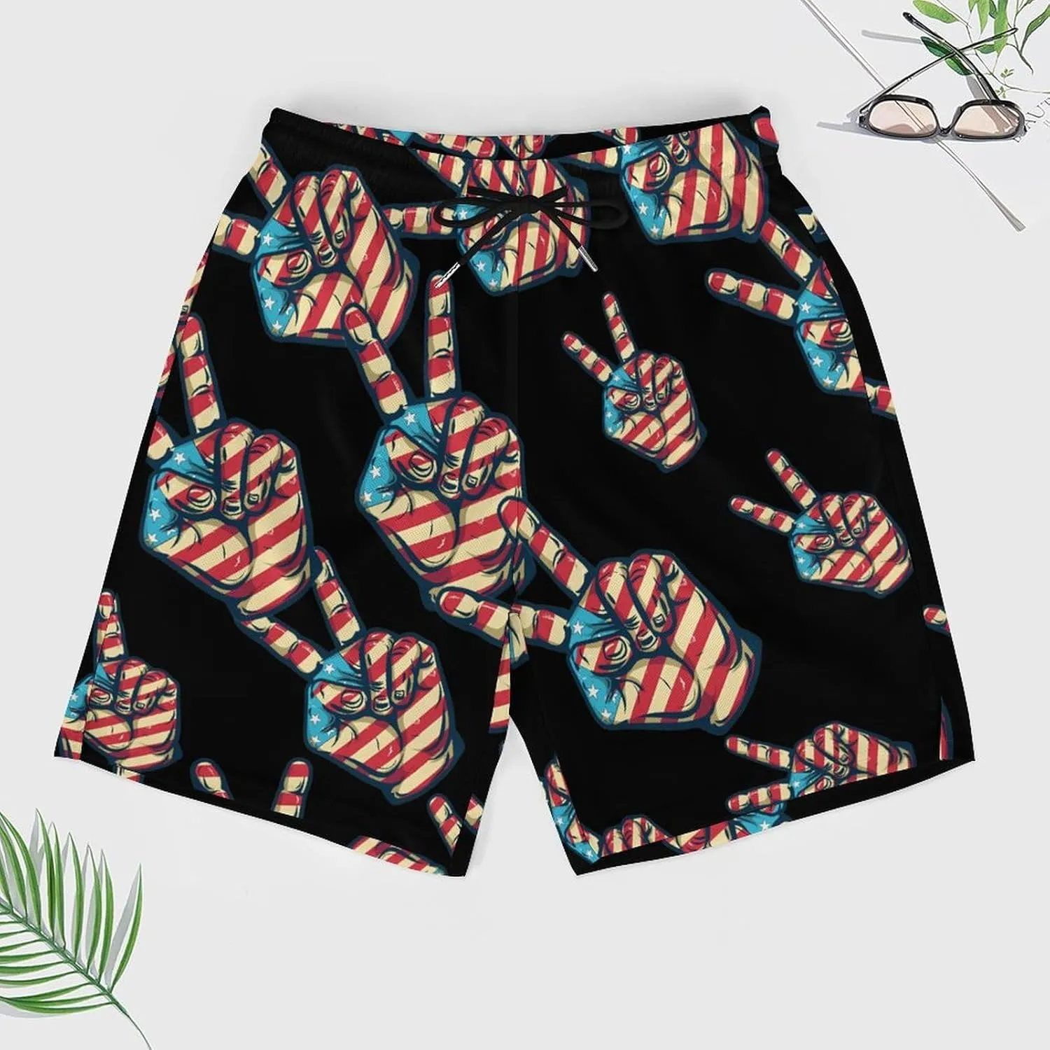 American Flag Peace Sign Hand Men's Swim Trunks Quick Dry Board Shorts Swimwear Beach Shorts with Compression Liner