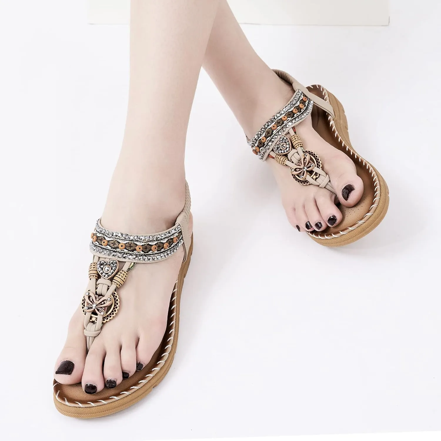 Aomigoct Sandals Women Flat Shoes: Dressy Summer Bohemian Flats Shoes for Women Sandals Comfortable Ankle Strap Outdoor Walking