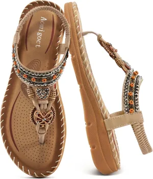 Aomigoct Sandals Women Flat Shoes: Dressy Summer Bohemian Flats Shoes for Women Sandals Comfortable Ankle Strap Outdoor Walking