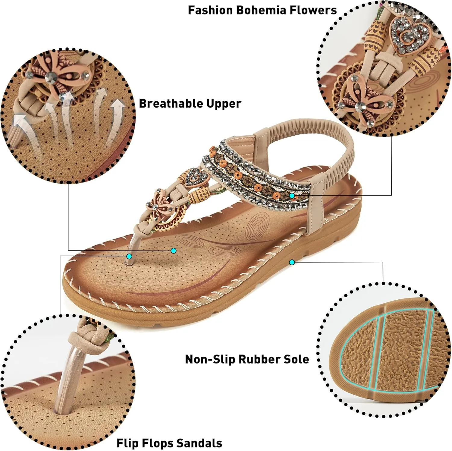 Aomigoct Sandals Women Flat Shoes: Dressy Summer Bohemian Flats Shoes for Women Sandals Comfortable Ankle Strap Outdoor Walking