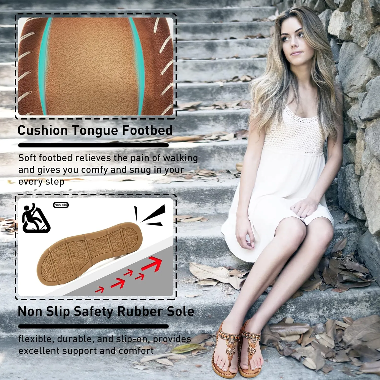 Aomigoct Sandals Women Flat Shoes: Dressy Summer Bohemian Flats Shoes for Women Sandals Comfortable Ankle Strap Outdoor Walking