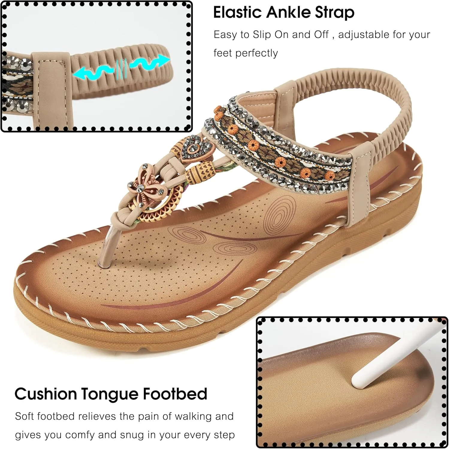 Aomigoct Sandals Women Flat Shoes: Dressy Summer Bohemian Flats Shoes for Women Sandals Comfortable Ankle Strap Outdoor Walking