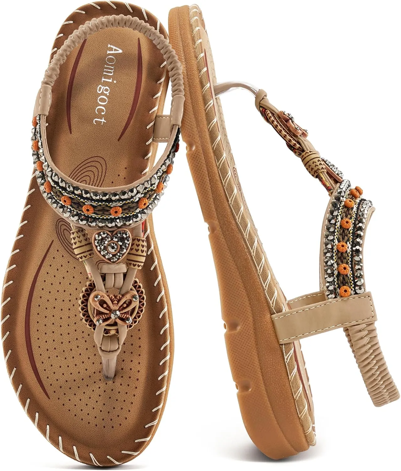 Aomigoct Sandals Women Flat Shoes: Dressy Summer Bohemian Flats Shoes for Women Sandals Comfortable Ankle Strap Outdoor Walking
