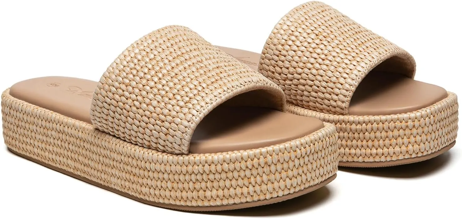Athlefit Platform Sandals Women Comfortable Open Toe Slip On Beach Raffia Sandals for Women Summer Casual