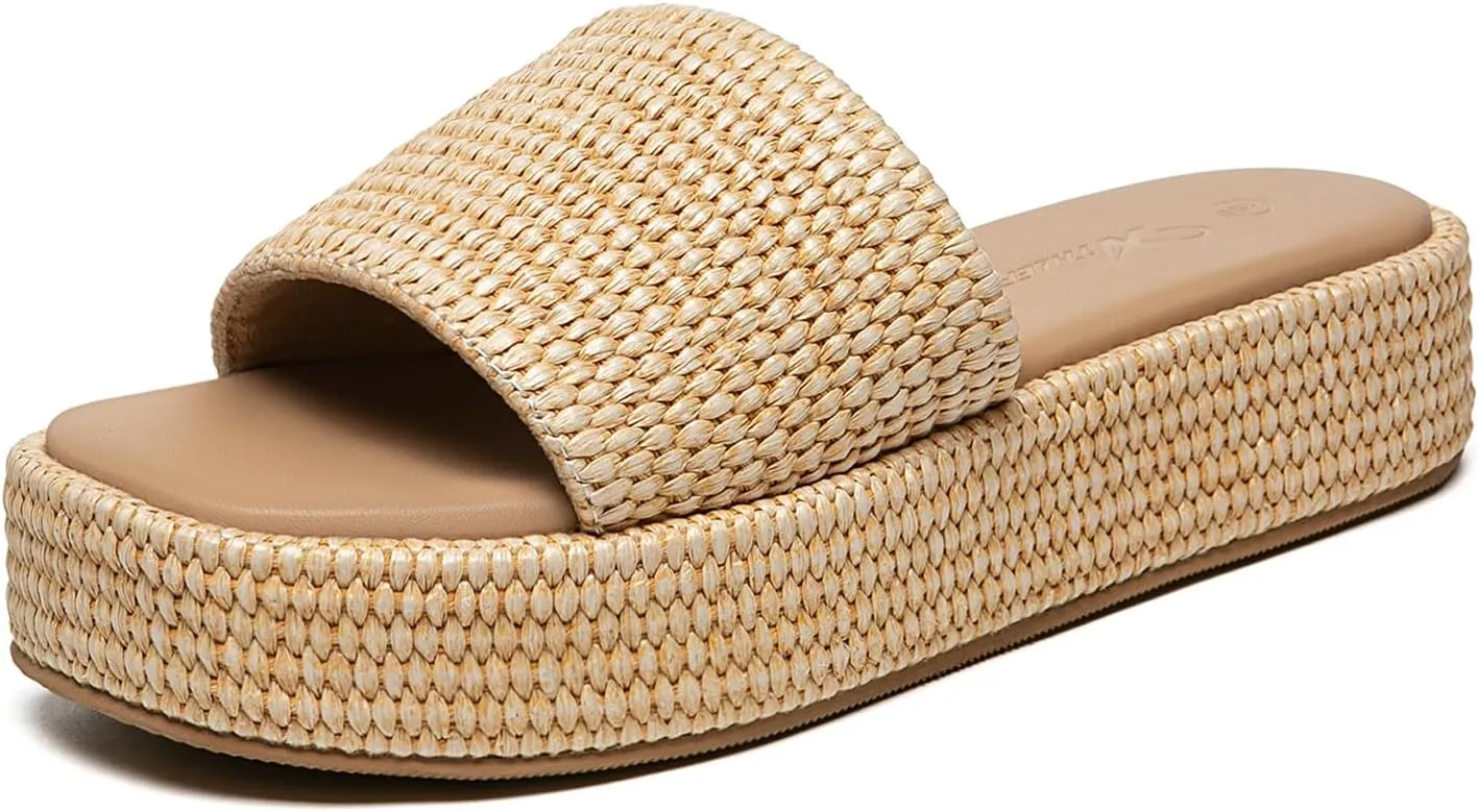 Athlefit Platform Sandals Women Comfortable Open Toe Slip On Beach Raffia Sandals for Women Summer Casual