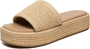 Athlefit Platform Sandals Women Comfortable Open Toe Slip On Beach Raffia Sandals for Women Summer Casual