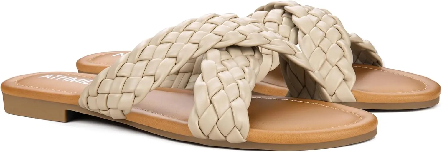 ATHMILE Women's Flat Sandals Crossover Braided Sandals for Women Fashion Round Open Toe Slip On Slide for Dressy Summer