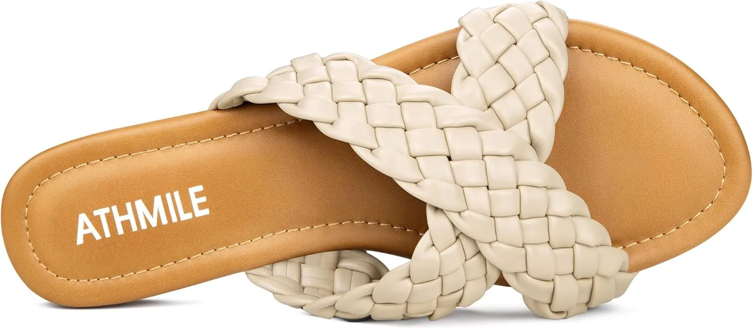 ATHMILE Women's Flat Sandals Crossover Braided Sandals for Women Fashion Round Open Toe Slip On Slide for Dressy Summer