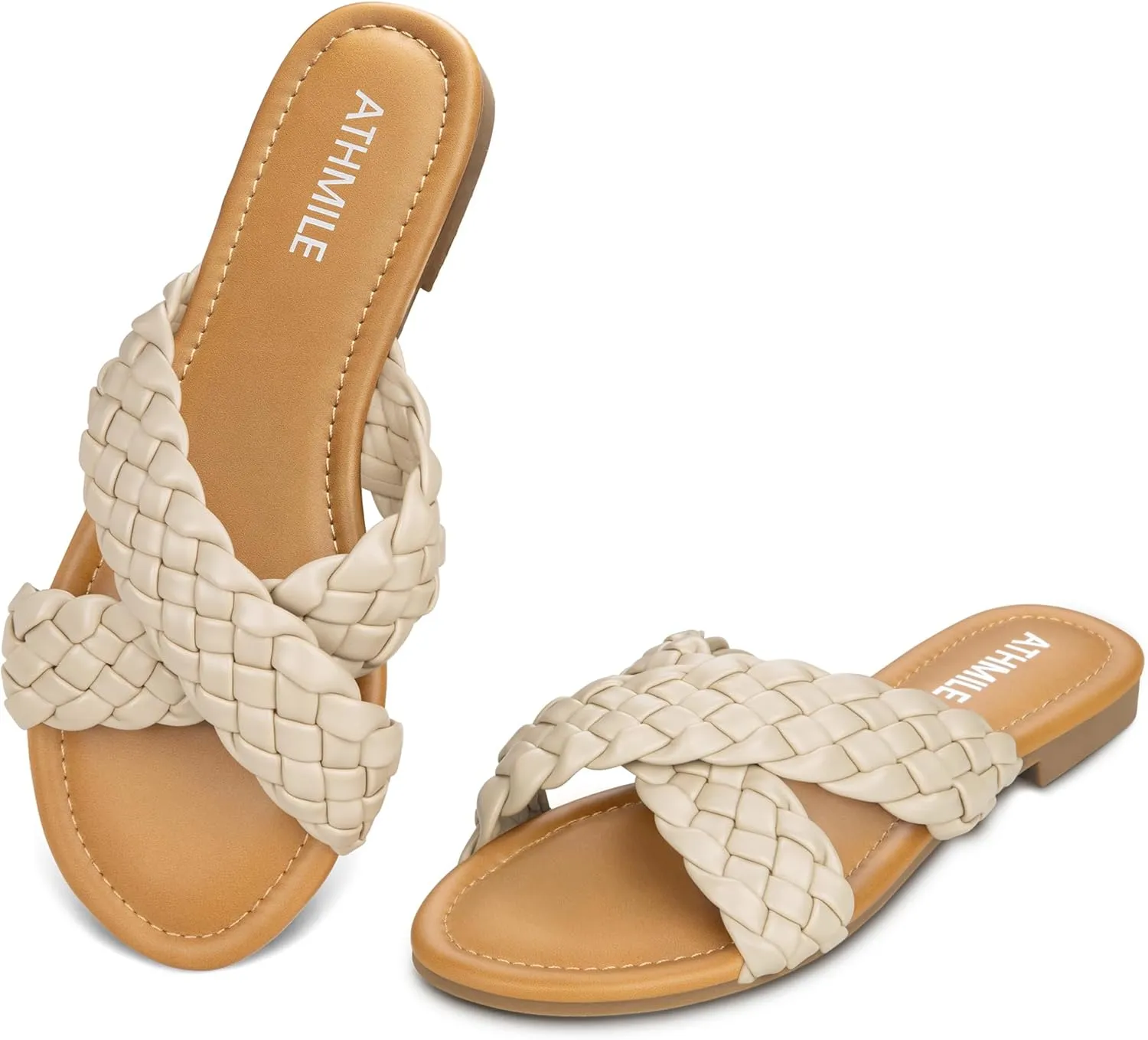 ATHMILE Women's Flat Sandals Crossover Braided Sandals for Women Fashion Round Open Toe Slip On Slide for Dressy Summer