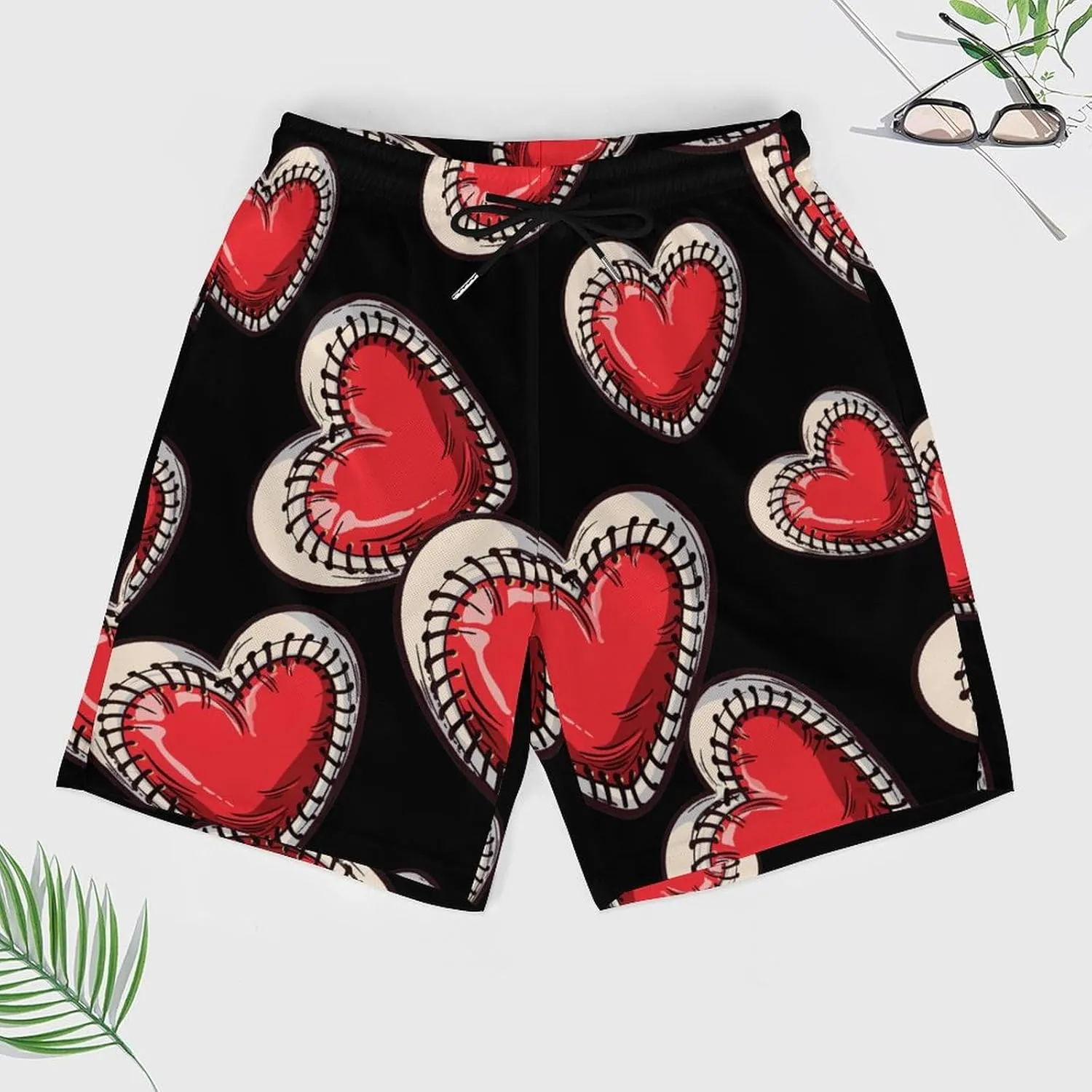 Baseball Heart Print Men's Swim Trunks Quick Dry Board Shorts Swimwear Beach Shorts with Compression Liner