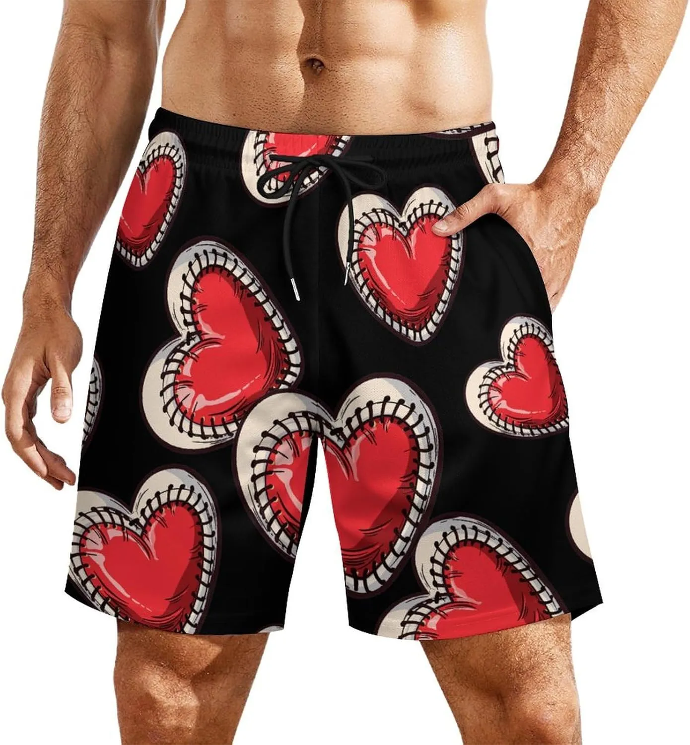Baseball Heart Print Men's Swim Trunks Quick Dry Board Shorts Swimwear Beach Shorts with Compression Liner
