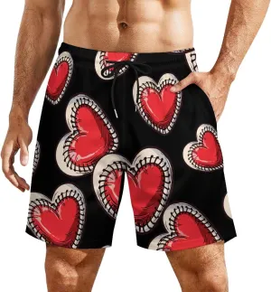 Baseball Heart Print Men's Swim Trunks Quick Dry Board Shorts Swimwear Beach Shorts with Compression Liner