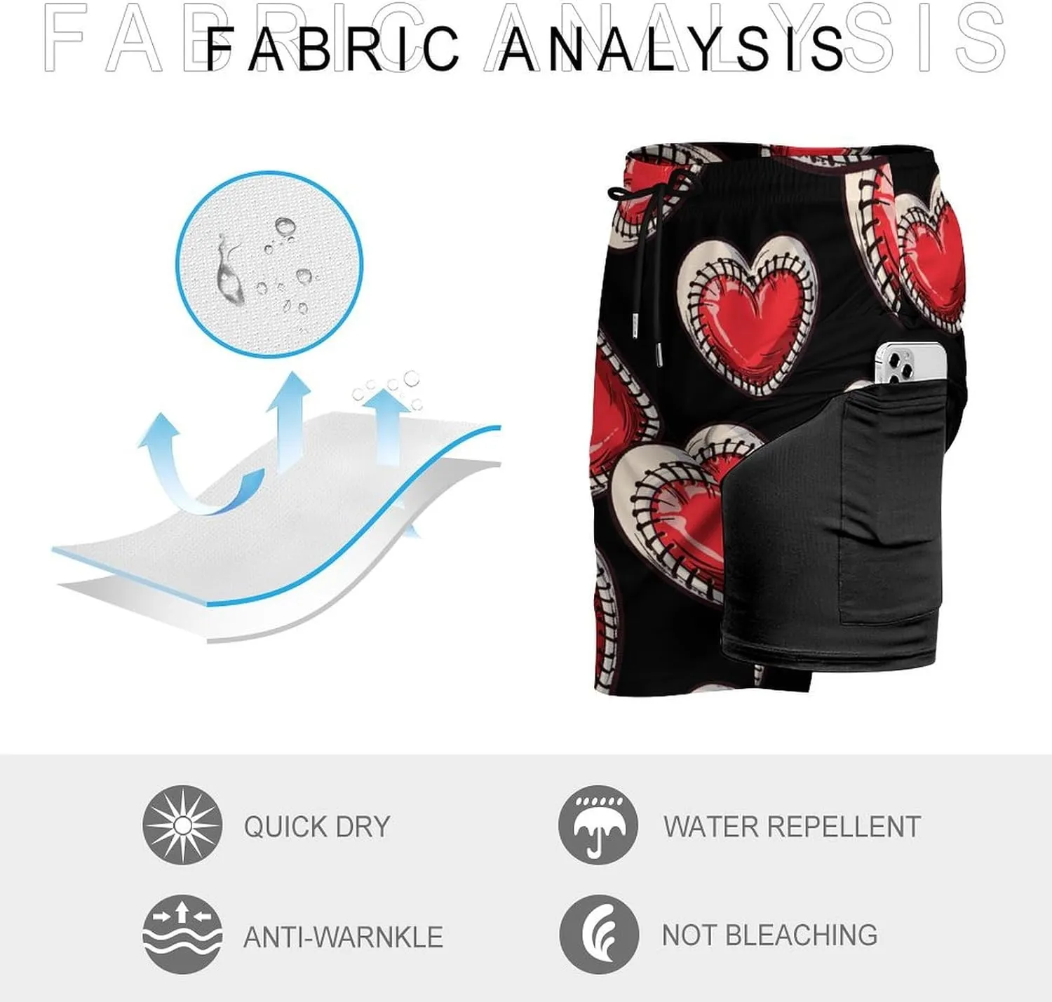 Baseball Heart Print Men's Swim Trunks Quick Dry Board Shorts Swimwear Beach Shorts with Compression Liner