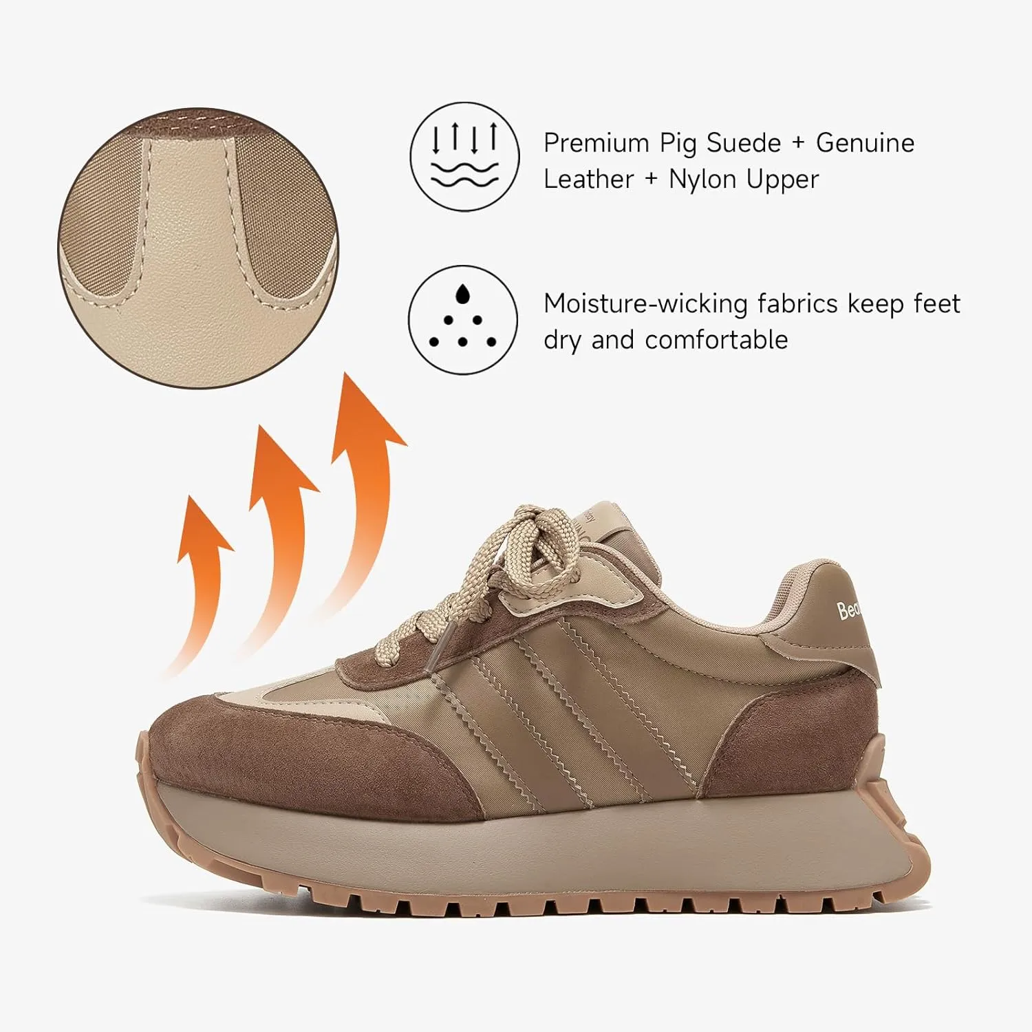 BEAU TODAY Fashion Sneakers for Women, Casual Walking Sneakers for Women, Genuine Leather Chunky Platform Retro Sneakers, Comfortable Non-Slip Tennis Running Shoes