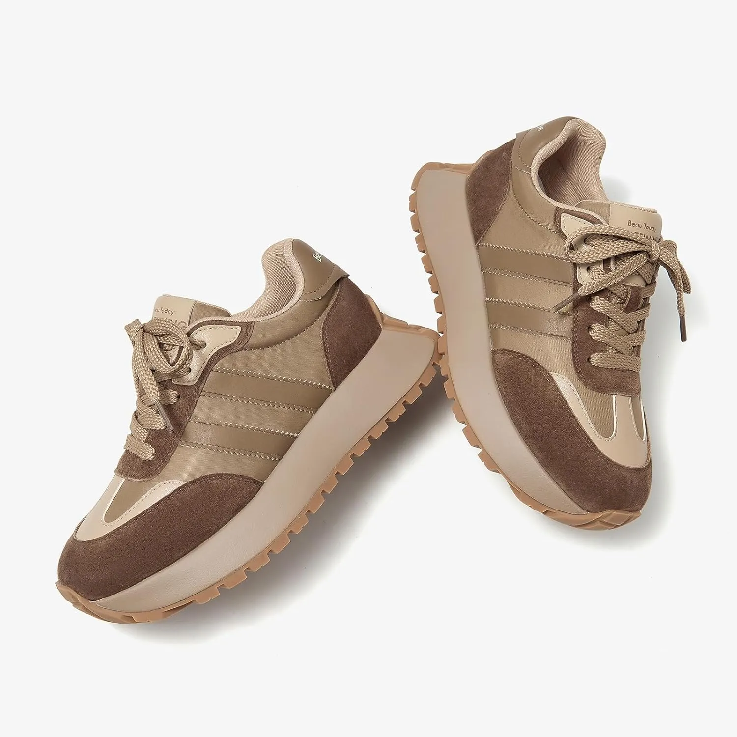 BEAU TODAY Fashion Sneakers for Women, Casual Walking Sneakers for Women, Genuine Leather Chunky Platform Retro Sneakers, Comfortable Non-Slip Tennis Running Shoes