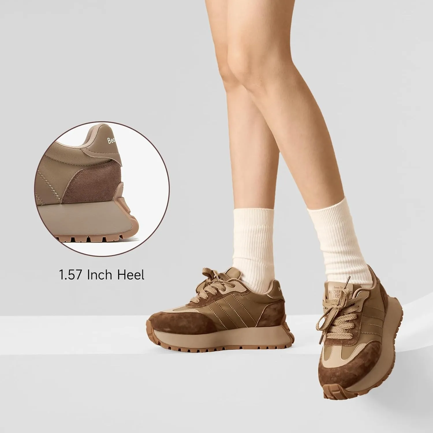 BEAU TODAY Fashion Sneakers for Women, Casual Walking Sneakers for Women, Genuine Leather Chunky Platform Retro Sneakers, Comfortable Non-Slip Tennis Running Shoes