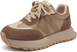 BEAU TODAY Fashion Sneakers for Women, Casual Walking Sneakers for Women, Genuine Leather Chunky Platform Retro Sneakers, Comfortable Non-Slip Tennis Running Shoes