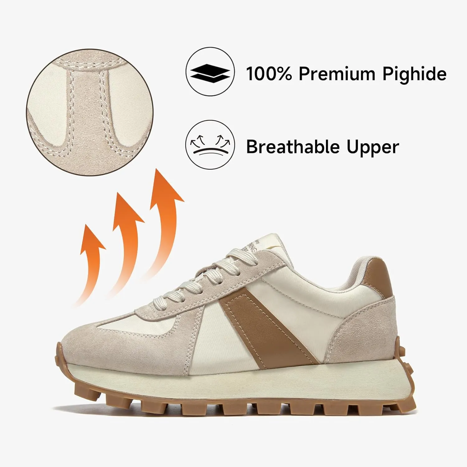 BEAU TODAY Fashion Sneakers for Women Genuine Leather Casual Tennis Shoes Retro Comfortable Non-Slip Wide Walking Shoes for Gym
