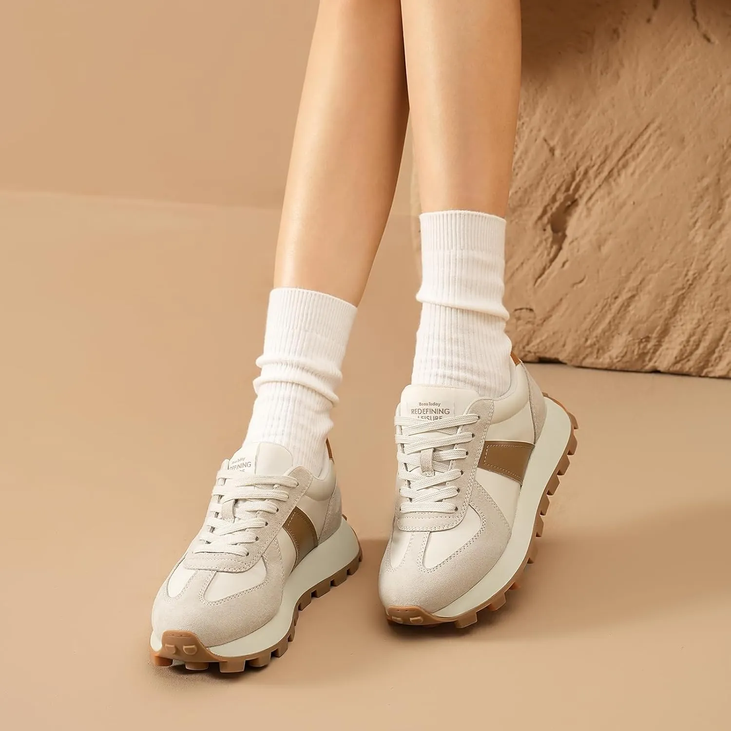 BEAU TODAY Fashion Sneakers for Women Genuine Leather Casual Tennis Shoes Retro Comfortable Non-Slip Wide Walking Shoes for Gym