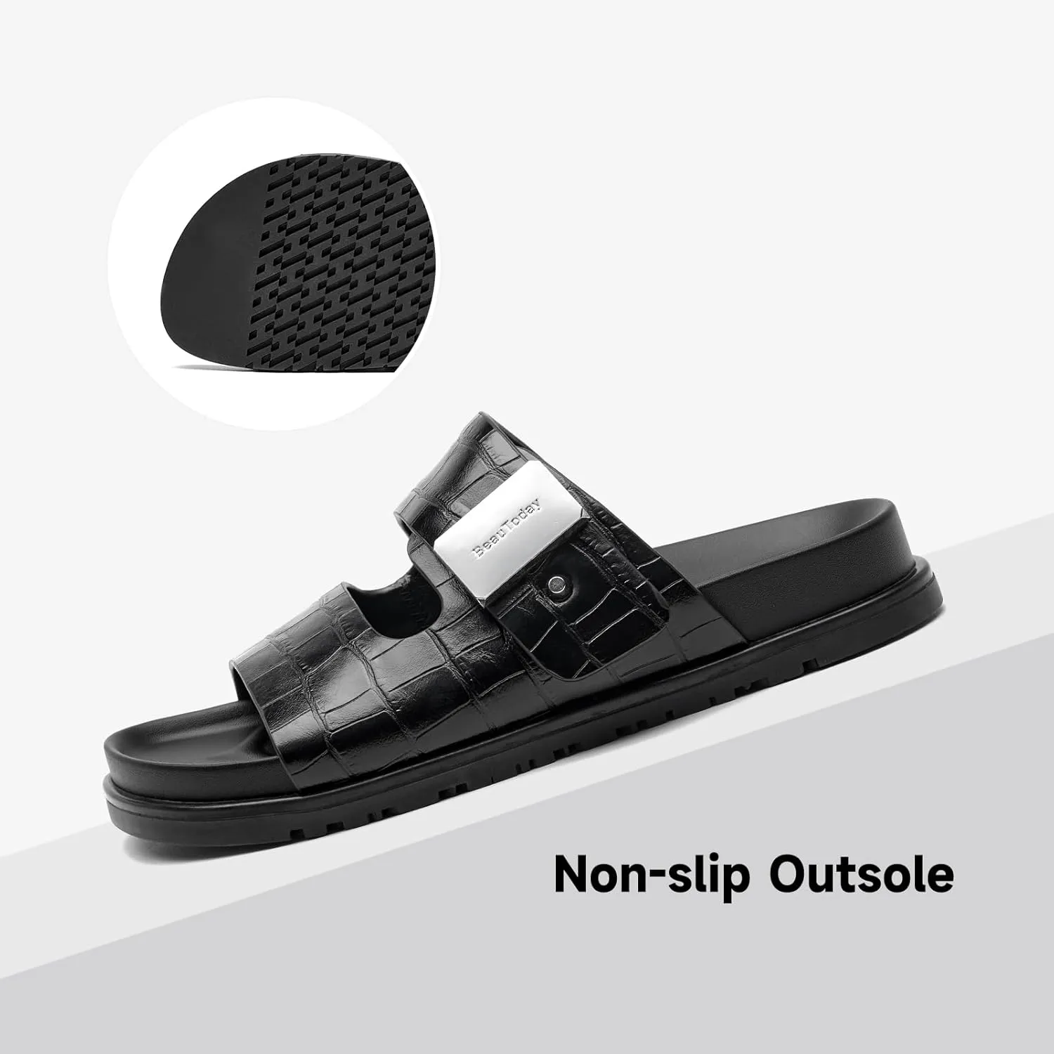 BEAU TODAY Flat Slide Sandals for Women Comfortable Footbed Sandals for Women Genuine Leather Slip on Fashion Strap Casua Dressy Beach Sandal