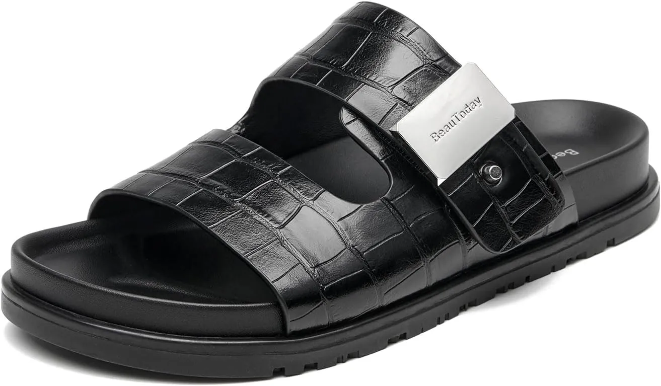 BEAU TODAY Flat Slide Sandals for Women Comfortable Footbed Sandals for Women Genuine Leather Slip on Fashion Strap Casua Dressy Beach Sandal