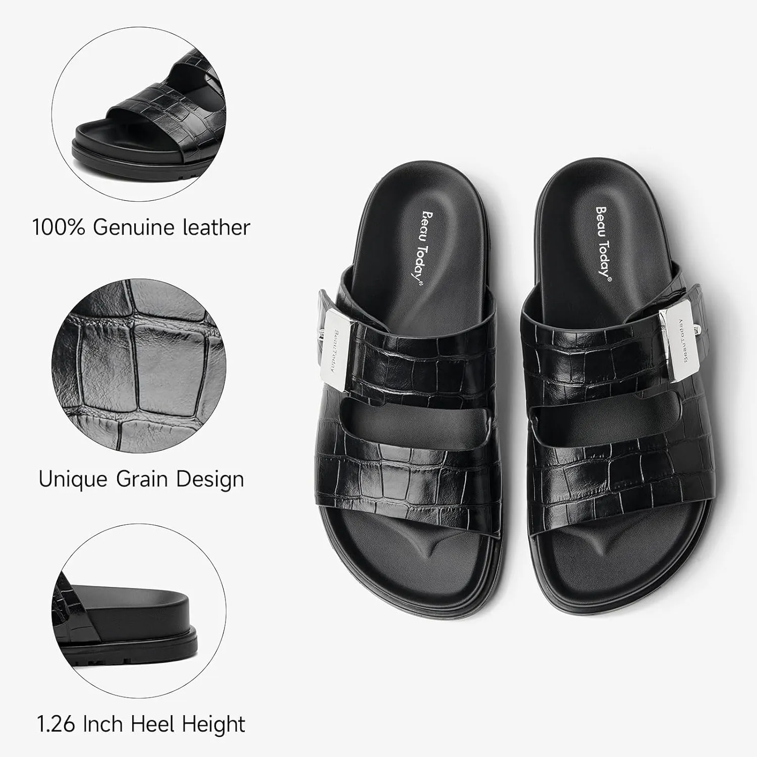 BEAU TODAY Flat Slide Sandals for Women Comfortable Footbed Sandals for Women Genuine Leather Slip on Fashion Strap Casua Dressy Beach Sandal