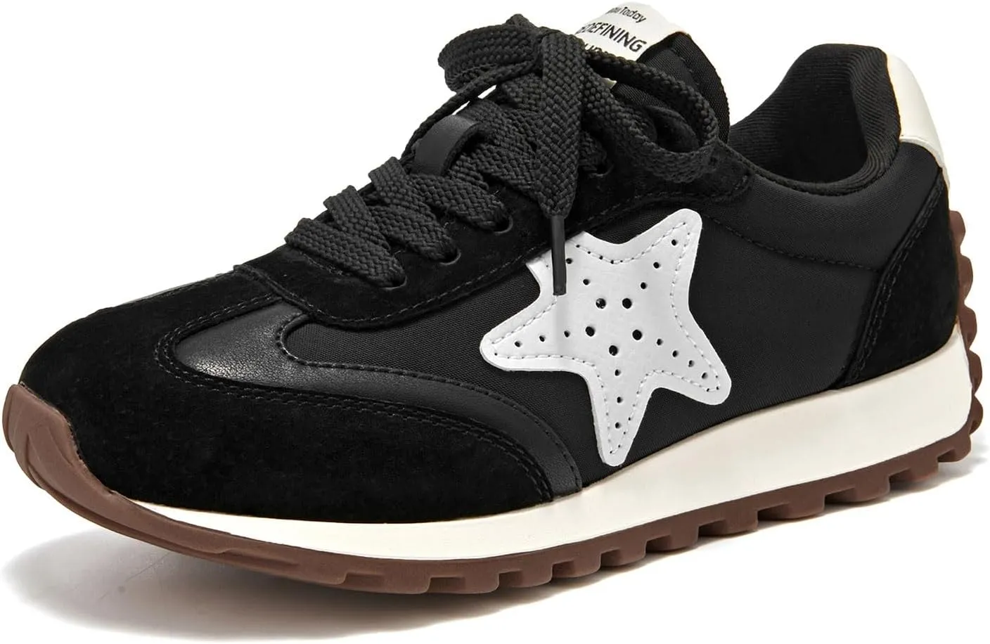 BEAU TODAY Platform Fashion Sneakers for Women, Womens Chunky Leather Sneakers, Comfortable Casual Retro Non-Slip Lace-up Walking Running Gym Shoes Black US 8