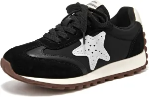 BEAU TODAY Platform Fashion Sneakers for Women, Womens Chunky Leather Sneakers, Comfortable Casual Retro Non-Slip Lace-up Walking Running Gym Shoes Black US 8