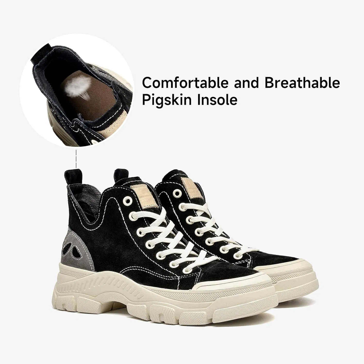 BEAU TODAY Women’s Flat Sneakers, Retro Comfortable Lace-up Fashion Sneakers for Women, Buckle Decoration Casual Leather Walking Shoes