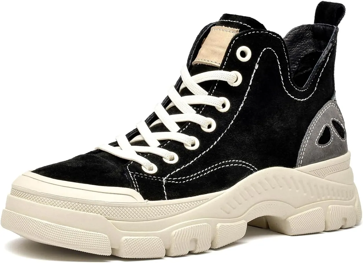 BEAU TODAY Women’s Flat Sneakers, Retro Comfortable Lace-up Fashion Sneakers for Women, Buckle Decoration Casual Leather Walking Shoes