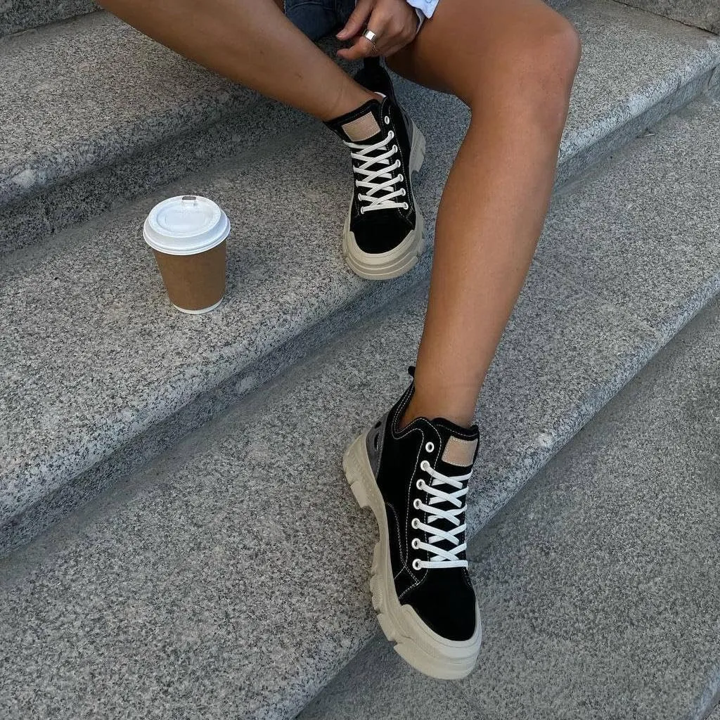BEAU TODAY Women’s Flat Sneakers, Retro Comfortable Lace-up Fashion Sneakers for Women, Buckle Decoration Casual Leather Walking Shoes