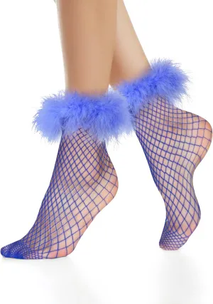 Benefeet Sox Womens Ruffle Fishnet Socks With Fake Feather Cuffs - Decorated Mesh Lace, Fancy Pretty Frilly Design