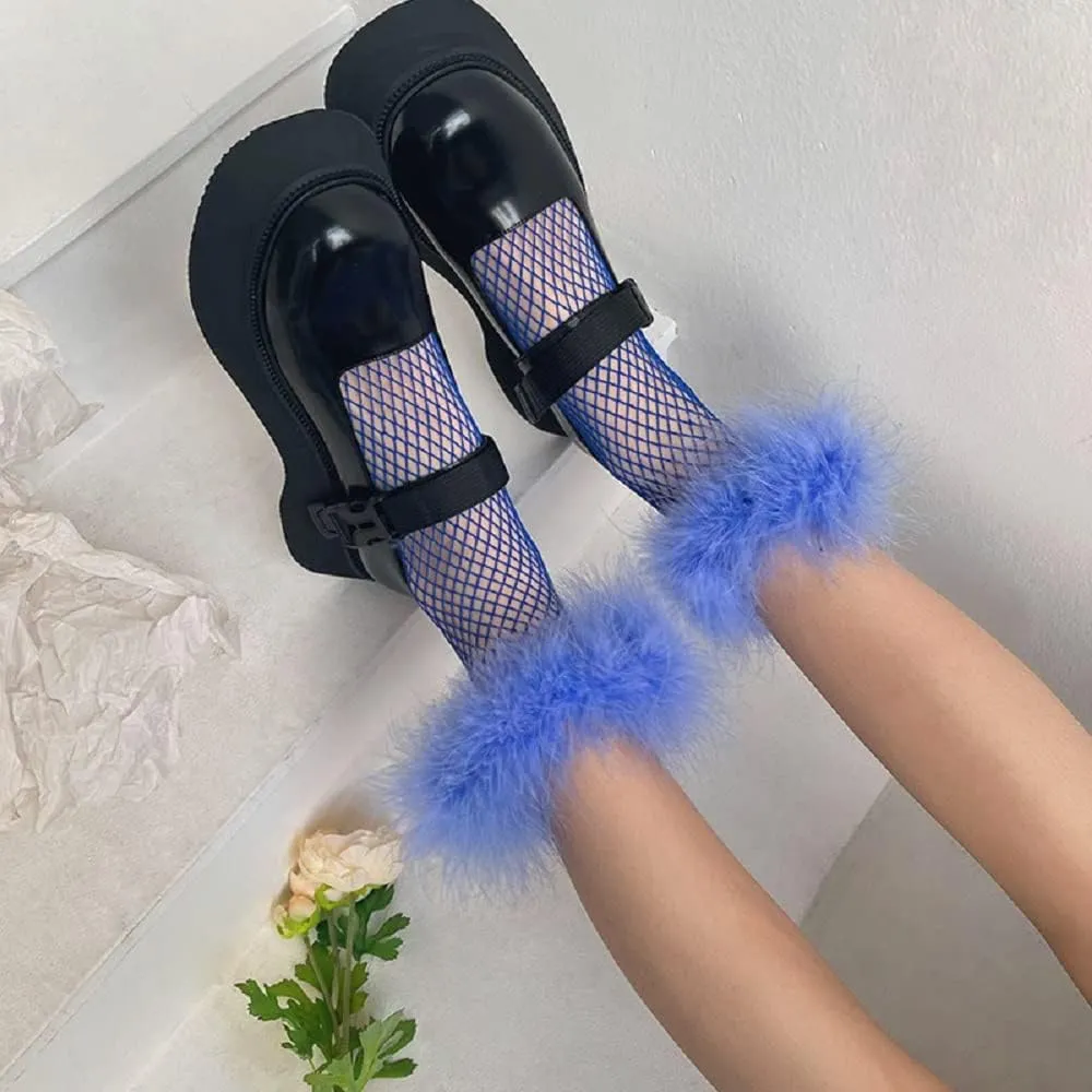 Benefeet Sox Womens Ruffle Fishnet Socks With Fake Feather Cuffs - Decorated Mesh Lace, Fancy Pretty Frilly Design