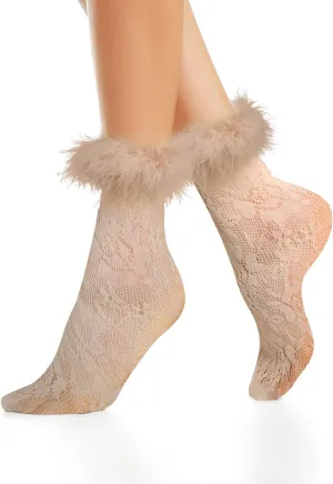 Benefeet Women's Ruffle Fishnet Anklet Socks - Fake Feather Cuff Mesh Lace - Gift