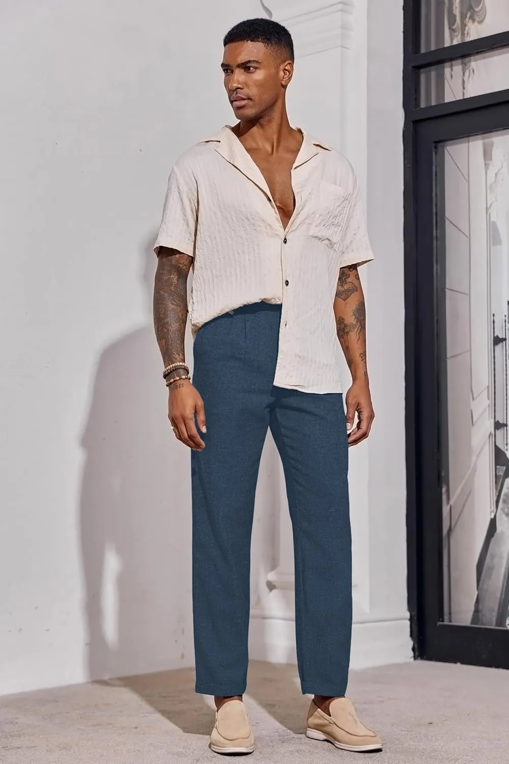 Beotyshow Mens Linen Pants Casual Elastic Waist Trousers Summer Beach Lightweight Pants