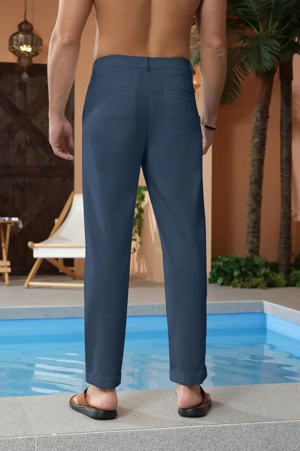 Beotyshow Mens Linen Pants Casual Elastic Waist Trousers Summer Beach Lightweight Pants