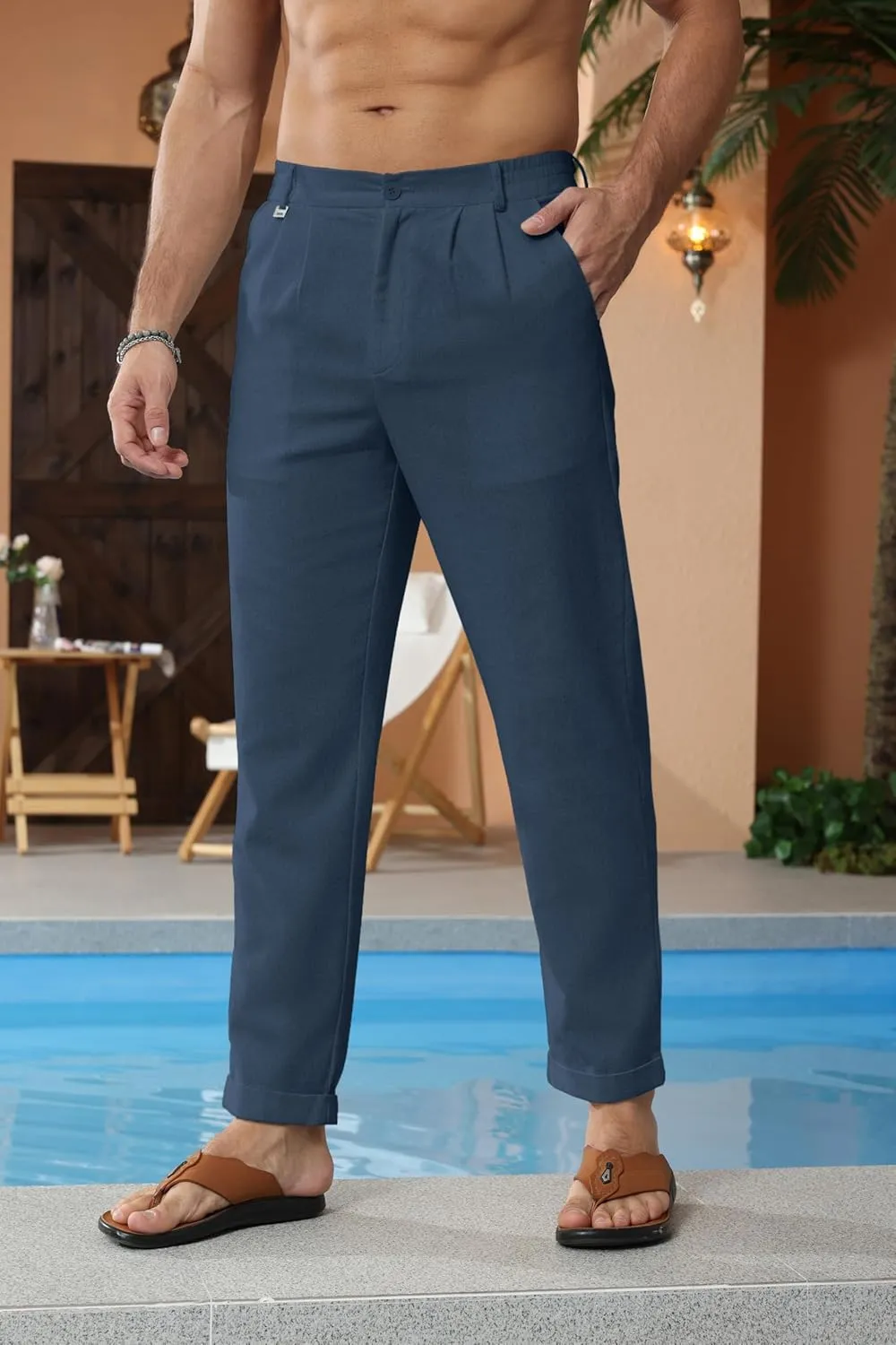 Beotyshow Mens Linen Pants Casual Elastic Waist Trousers Summer Beach Lightweight Pants