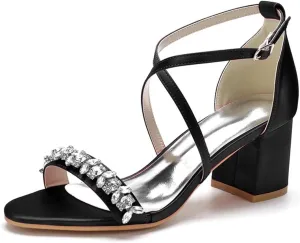 Block Heel Wedding Sandals for Birde Crystals Cross Strap Open Toe Bridal Sandal Heels