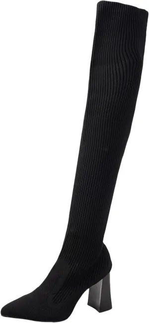 Boots for Women Knitted Thigh High Block Heel Boot Women Pointed Toe Stretch Over The Knee Boots