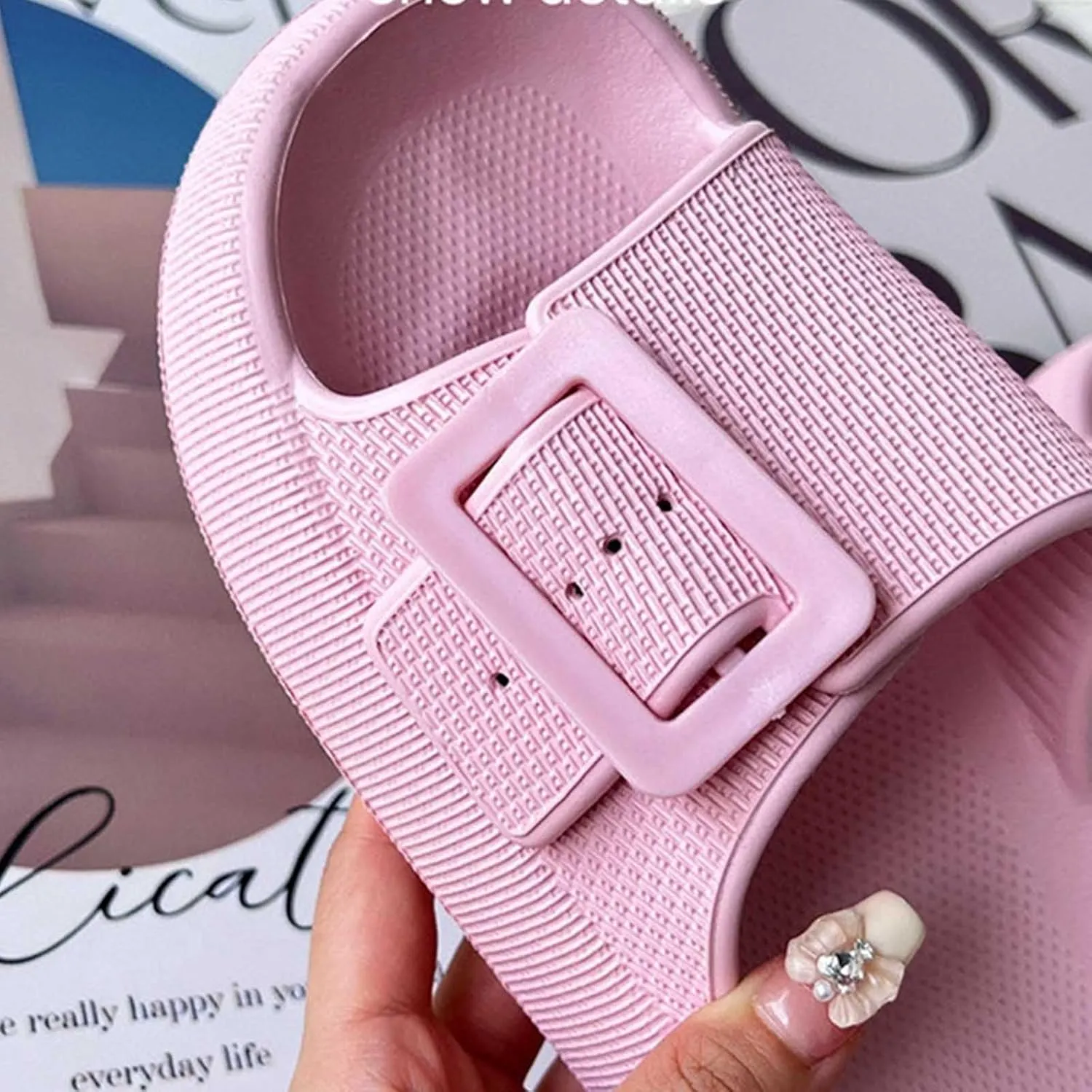 Buckle Rubber Arch Support Pillow Slippers Comfy Cloud Slippers Thick Sole EVA Soft Cushion Slides Open Toe Quick Drying Spa Bath Pool House Casual Shower Sandals Indoor Outdoor,Black 35-36