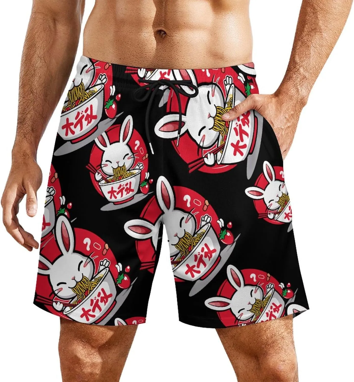 Bunny Eating Ramen Japanese Food Men's Swim Trunks Quick Dry Board Shorts Swimwear Beach Shorts with Compression Liner